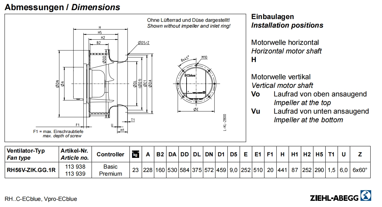 ZIEHL-ABEGG RH56V-ZIK.GL.1R 116758  3~ 380-480V 50/60Hz 3100W 1560rpm Centrifugal fan RH56V-ZIK.GG.1R Cooling Fan used in AHU Data Center