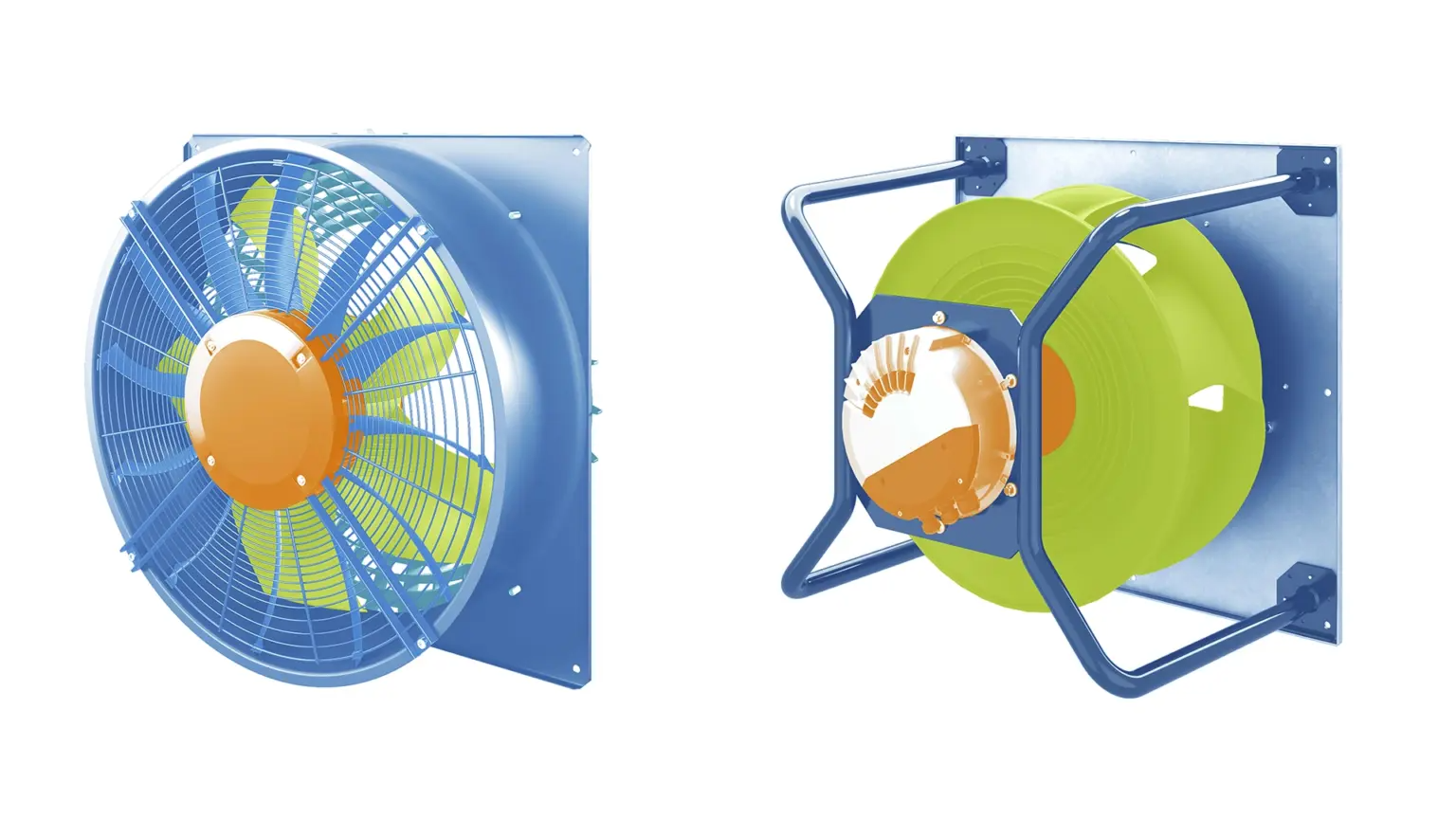 The central functional areas of axial (left) and centrifugal fans (right)