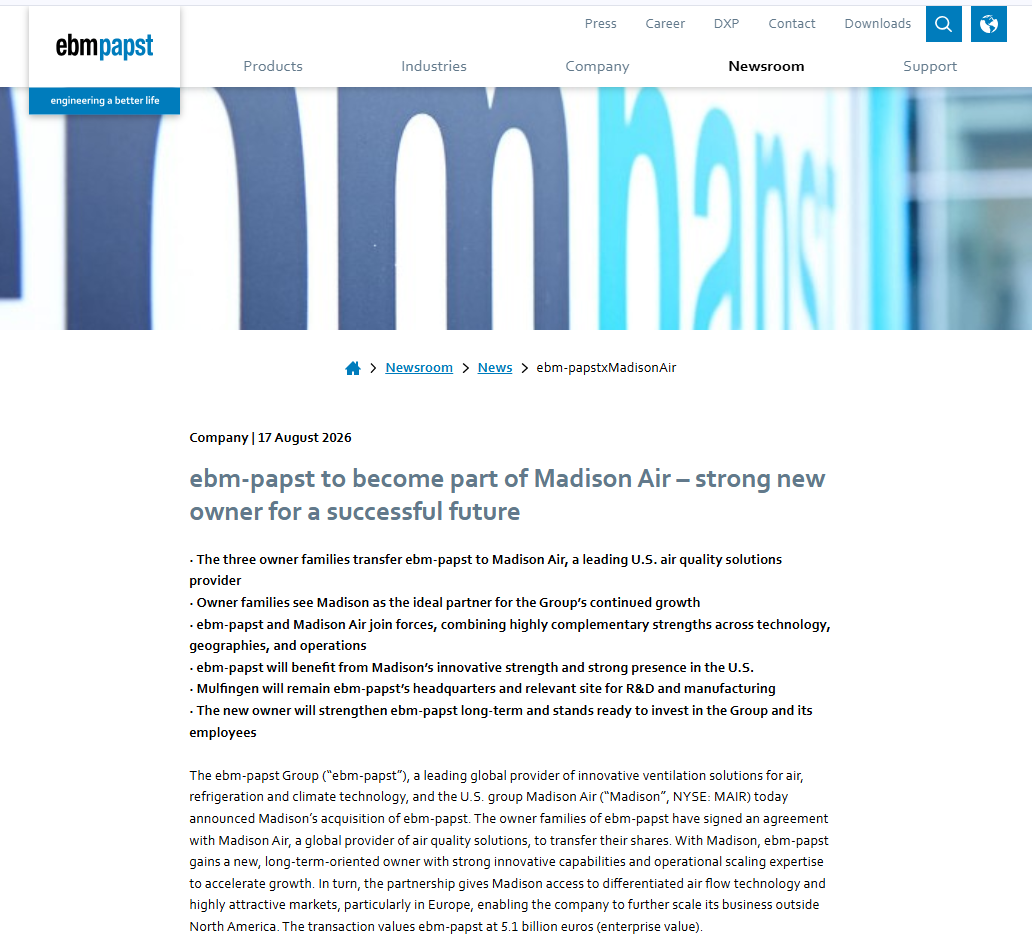 Official announcement(Source: Official ebm-papst announcement regarding the planned transaction with Madison Air.)