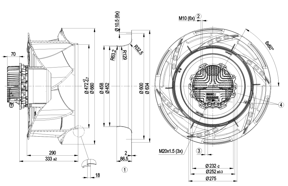Dimensional drawing of fan for ebm-papst R3G630-RB21-01