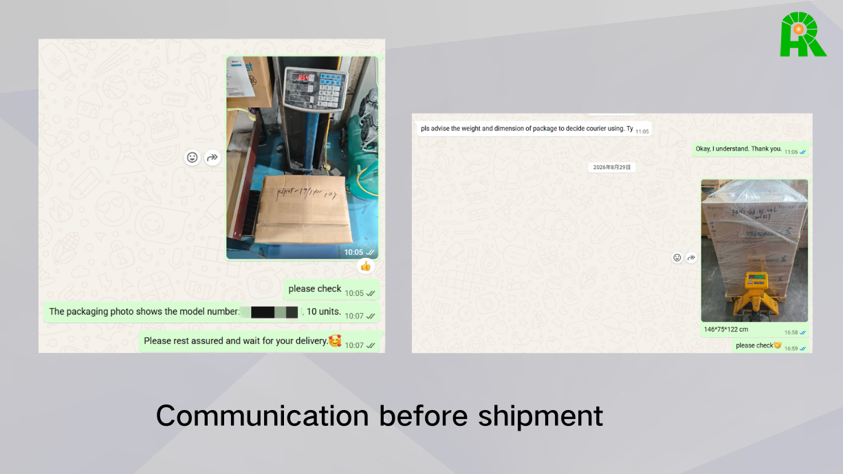 Communication and confirmation regarding size and packaging before shipment